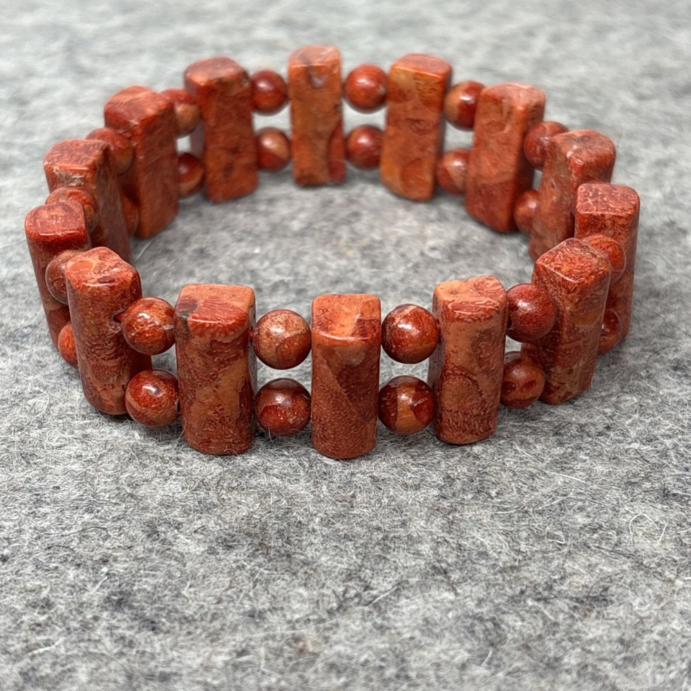 Vintage Red Jasper Round and Rectangular Bead Stretch BRACELET