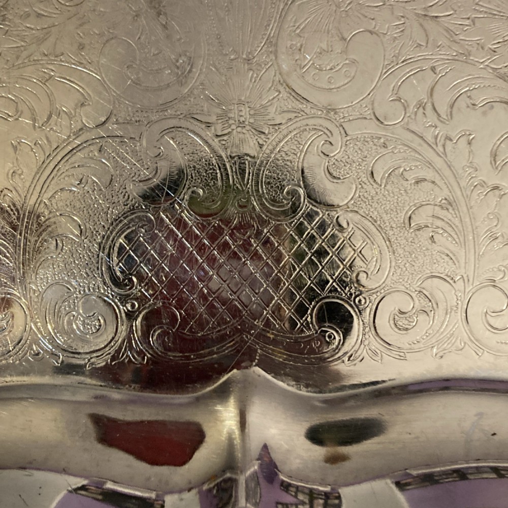 Silver-Plated Ornate Rectangular Serving Tray with Handles, 20 Inches