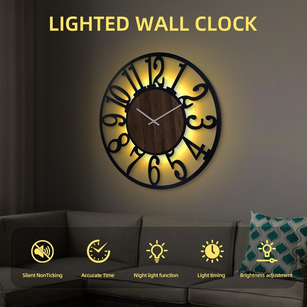 LEIKE Large Wall Clock 32'' Lighted Rustic Wood Clock with Remote Timer, Sile...