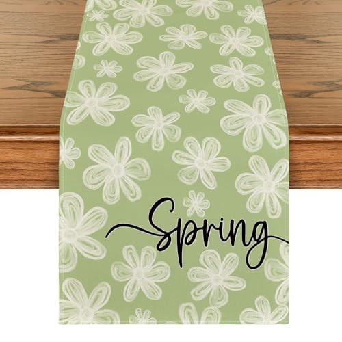 Hand-Painted Daisy Flower 210 GSM Spring Table 13" x 72", Table Runner Green