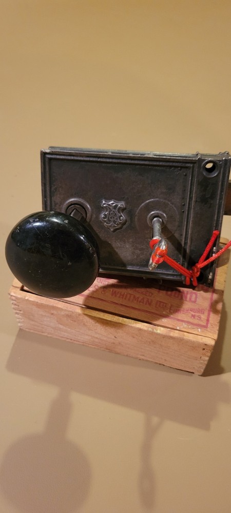 Antique 1890s Jacoby & Nimick Horizontal Rim Door Lock. Cast Iron With Key/knobs