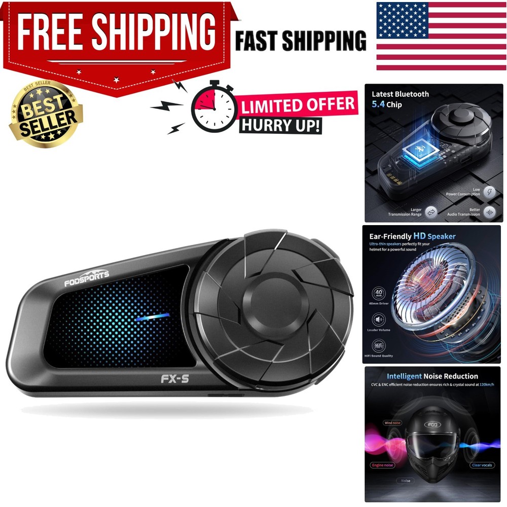 FX-S Motorcycle Bluetooth Headset V5.4, 2-Way Helmet Intercom Communication S...