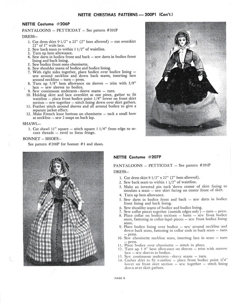 Nettie Parlor Doll Patterns 1875 11 1/2" cloth doll