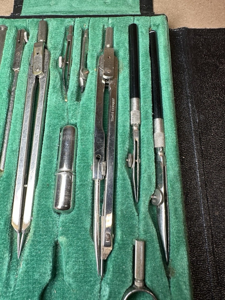 Vintage TOWER Germany Drafting Compass Set w/ Case Engineer Tools Incomplete