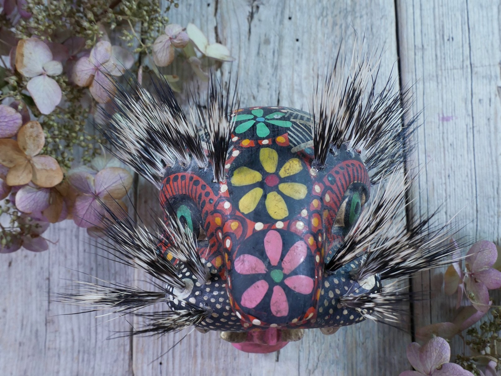 Leopard Jaguar Mask Wood & Boar Hair Whiskers Handmade Nahua Mexican Folk Art Sm