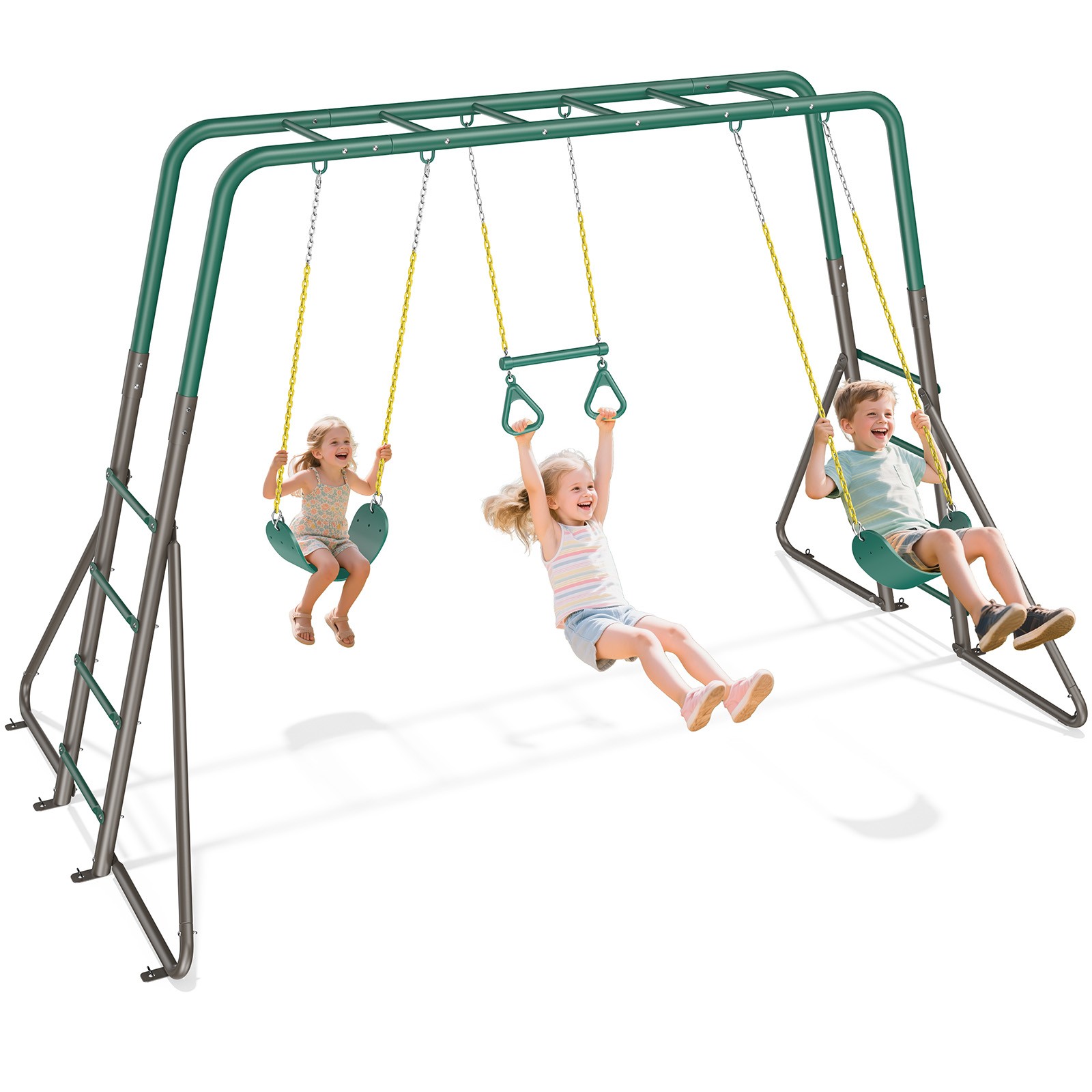 Metal Swing Sets Playground Set for Kids with 2 Belt Swings, Monkey Bars Outdoor