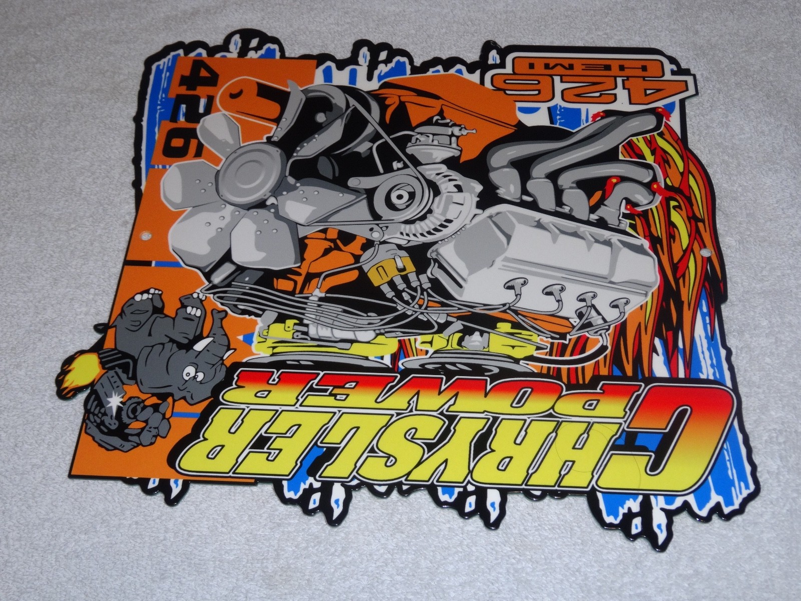 VINTAGE "CHRYSLER POWER 426 HEMI MOTOR ELEPHANT" 11 3/4" METAL GASOLINE OIL SIGN