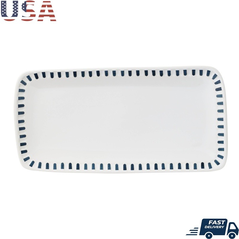 Artisanal Stripe Stoneware Serving Tray Microwave Dishwasher Safe Entertaining