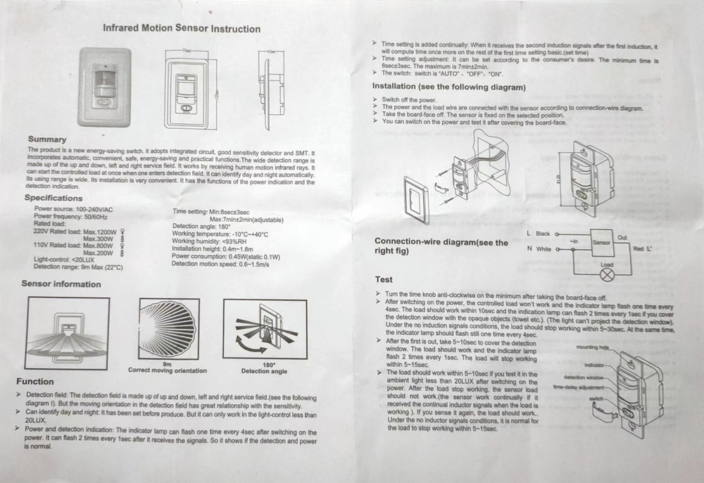 Auto On/Off Sensor Switch Motion Infrared PIR Occupancy Vacancy Wall Light Lamp
