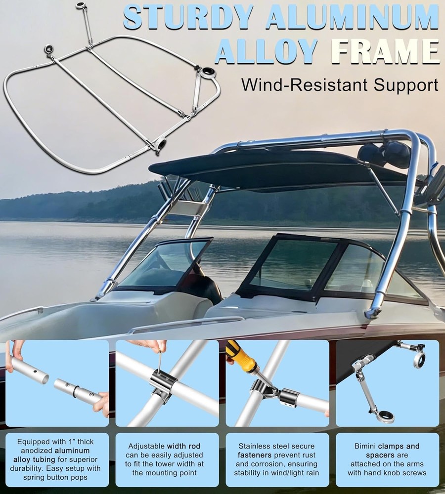 Universal Wakeboard Tower Mounted Flat Cargo Bimini Top Cover 600D Canvas Frame