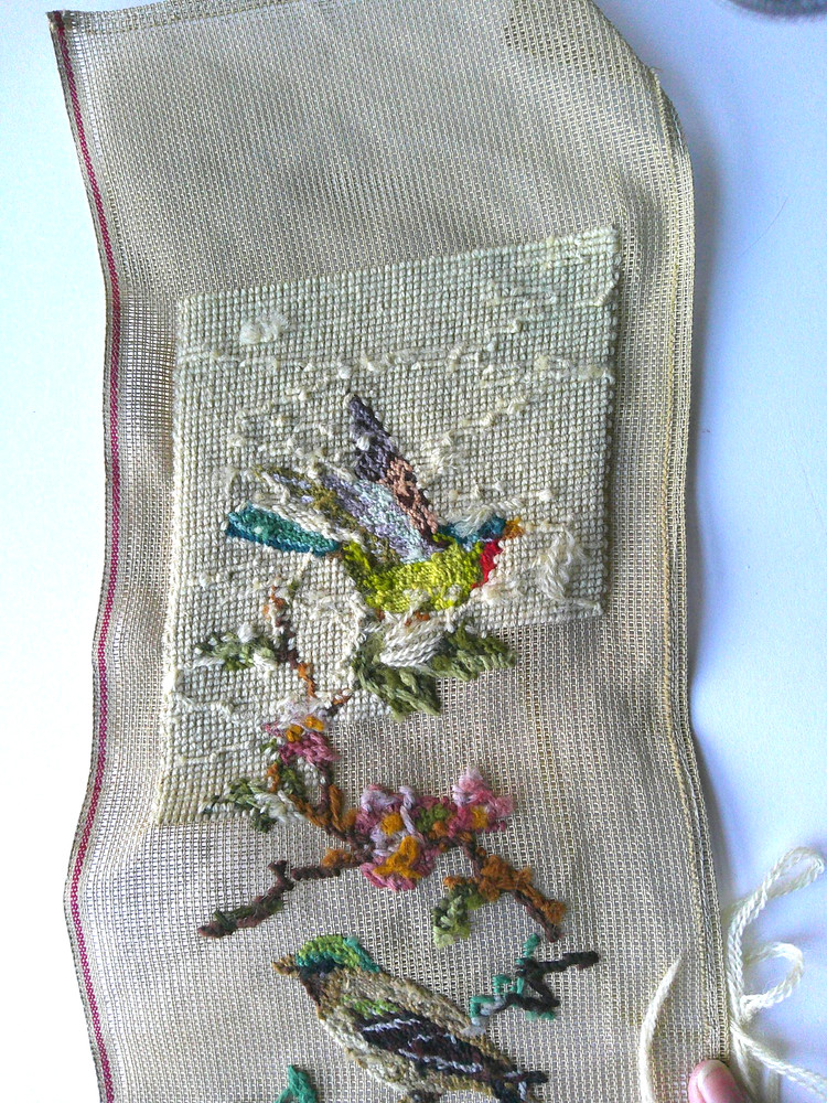 BIRDS Preworked canvas bell pull salvage project