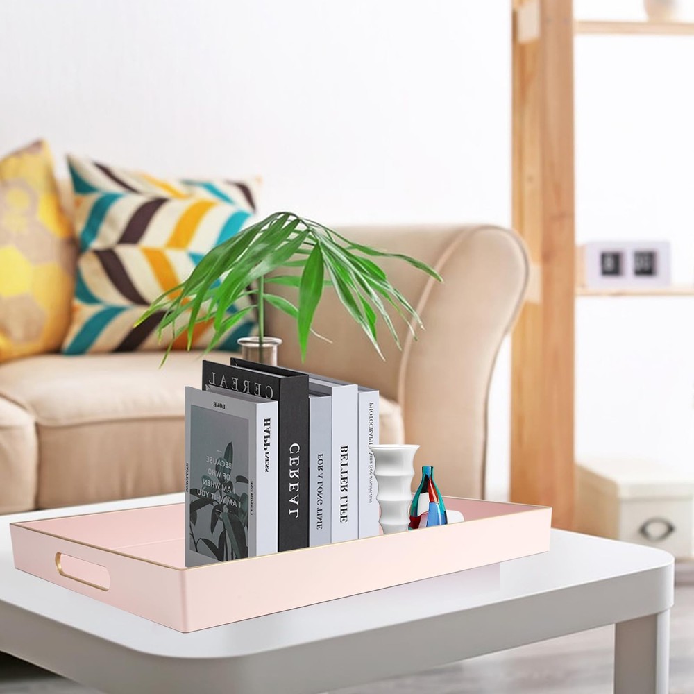 Pink Large Serving Tray with Handles，Rectangular Plastic Elegant Decorative C...