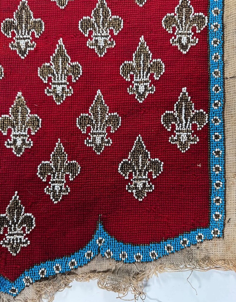 Fine Antique Beadwork Needlepoint Fire Screen Panel, Unused. French Fleur de Lys