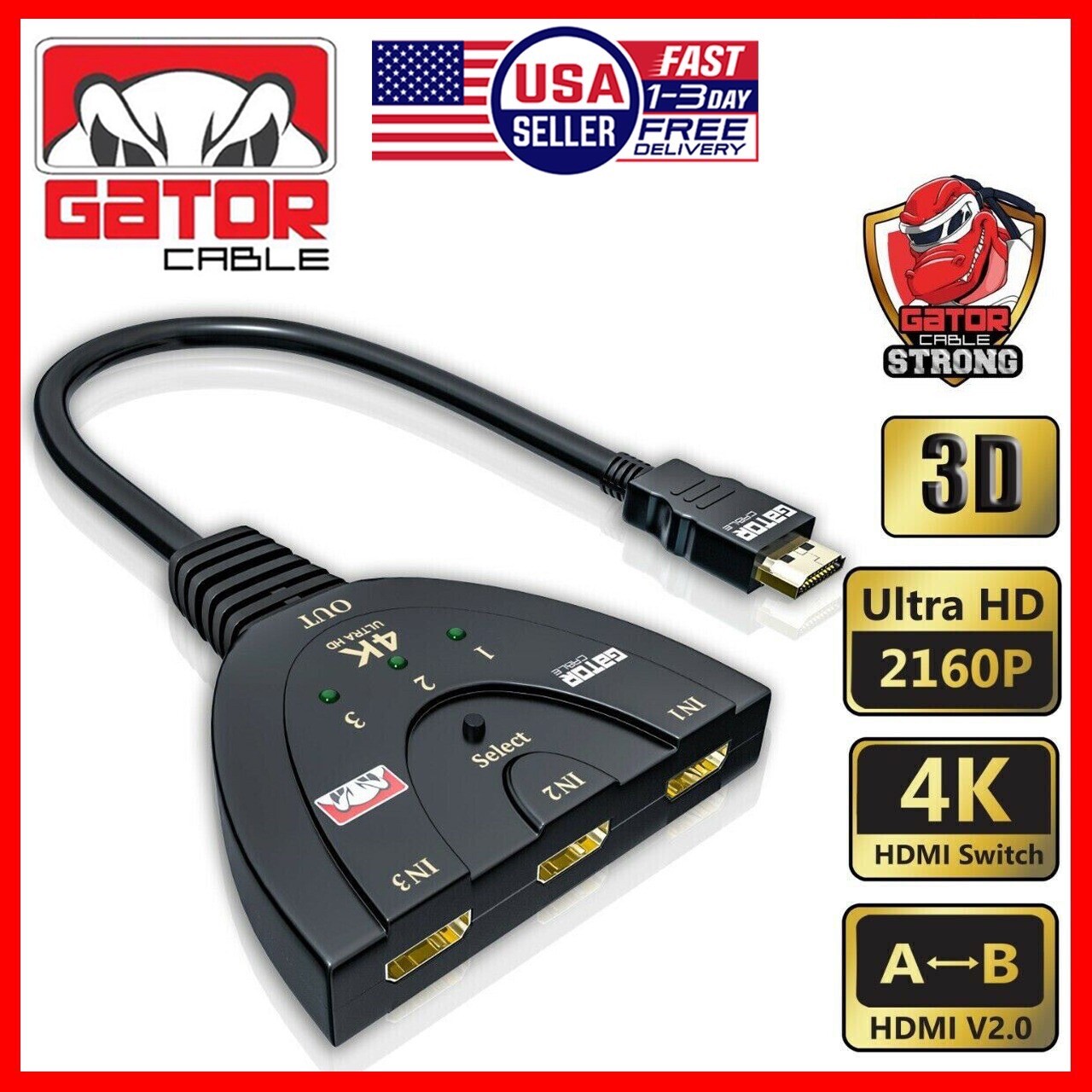 4K HDMI 2.0 Cable Auto Switch Switcher Splitter Adapter 3 In to 1 Out Devices