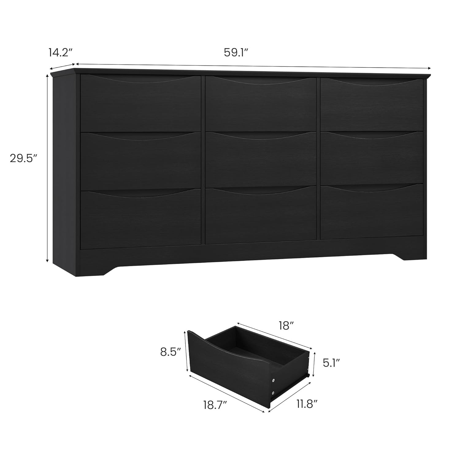 Wooden Dresser with 9 Drawers, Large Chest of Drawers with Wide Top for Bedroom