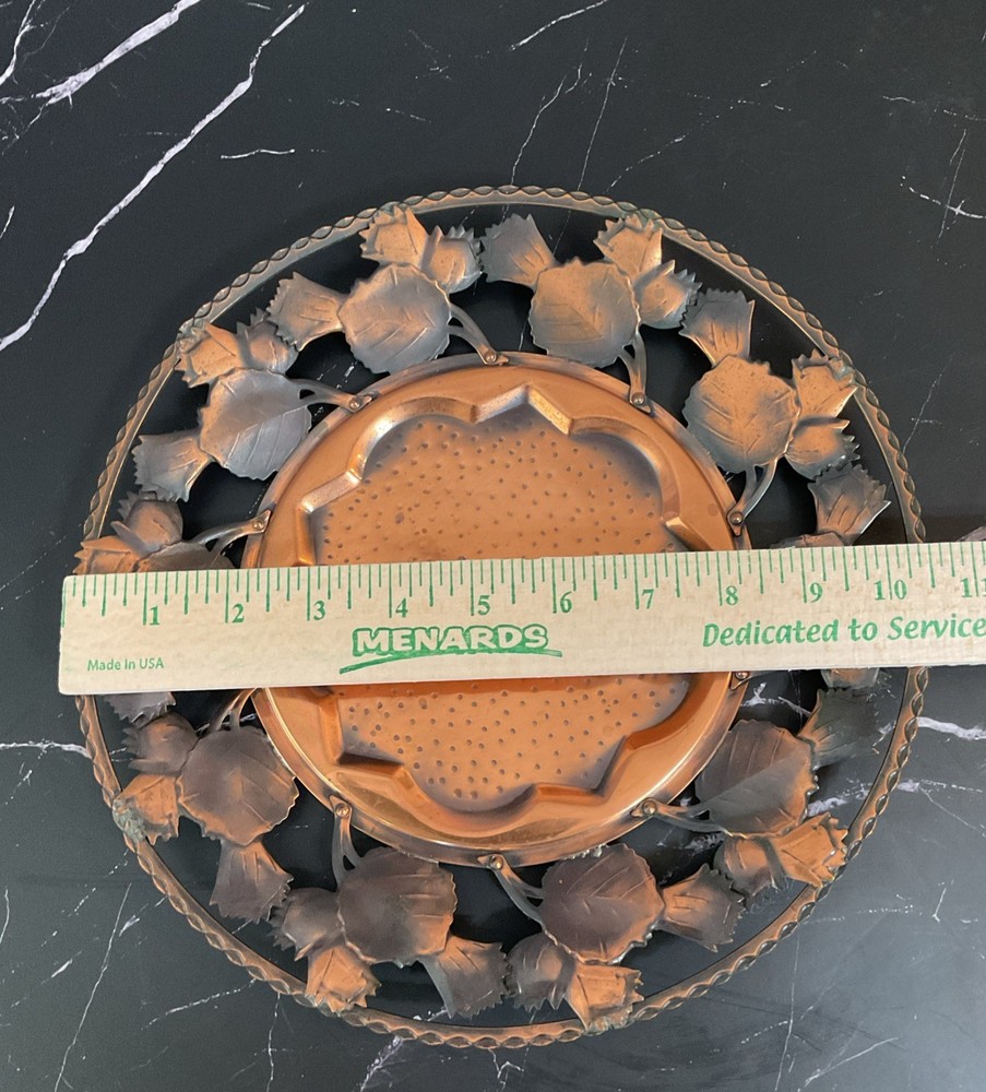 Vintage Copper Platter Bowl With Leaf Design,EUC