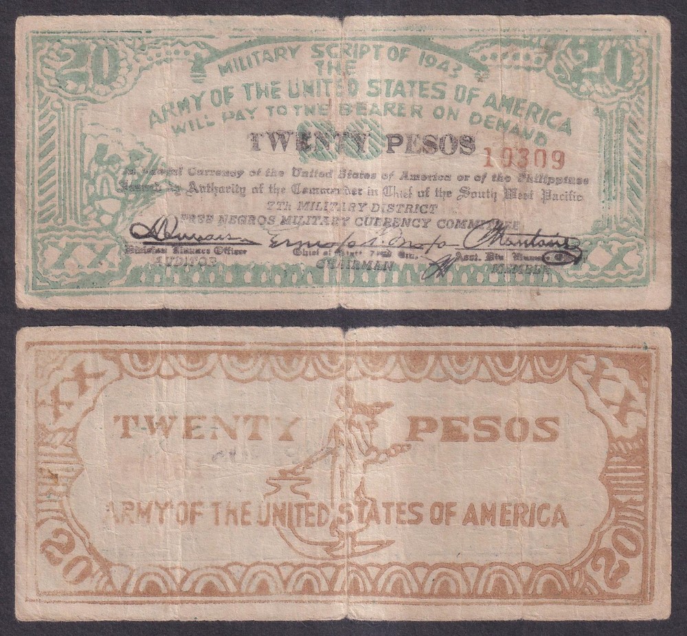 #S716 20 Pesos Philippine Free Negros US ARMY Military WW2 Banknote