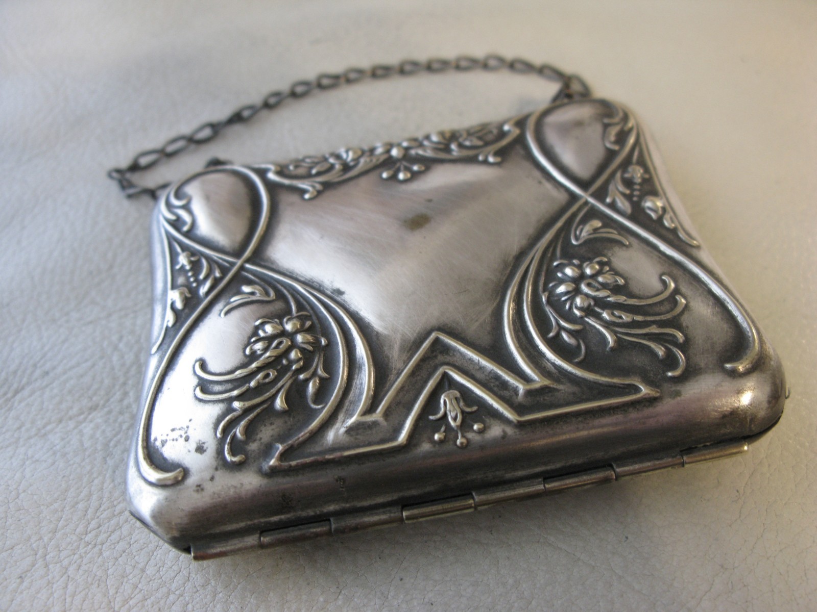 Antique Art Nouveau Silver Floral Card Case Mirror Lipstick Holder Purse Wallet