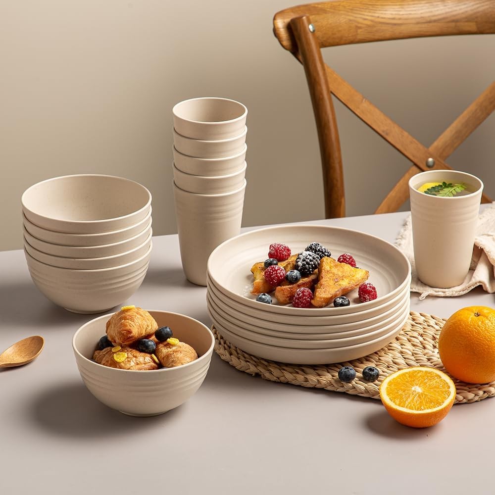 18PCS Wheat Straw Dinnerware Sets, Unbreakable Set Beige