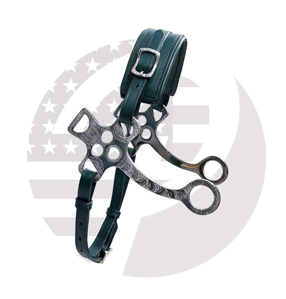 Hackamore Bitless Horse Bit English Western Adjustable Black Leather Engraving