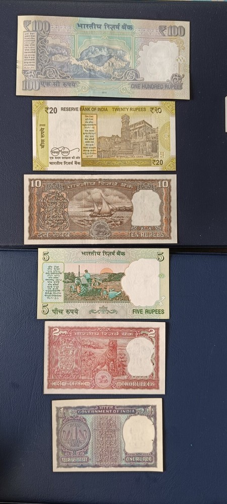 🇮🇳OLD Authentic 🇮🇳 Indian 100-20-10-5-2-1 Rupees 6 Notes-Uncirculated Grade