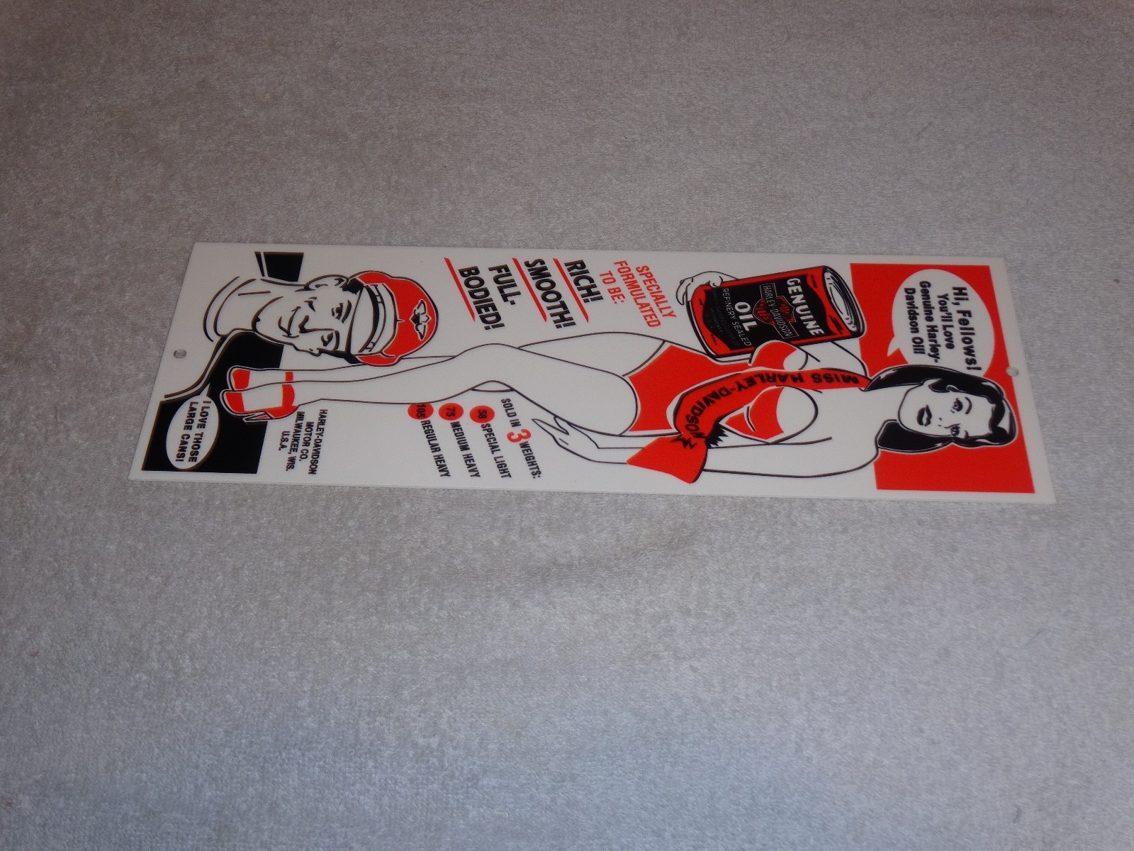 VINTAGE HARLEY DAVIDSON MOTORCYCLES WOMAN W/ LG OIL CANS 15" METAL GASOLINE SIGN