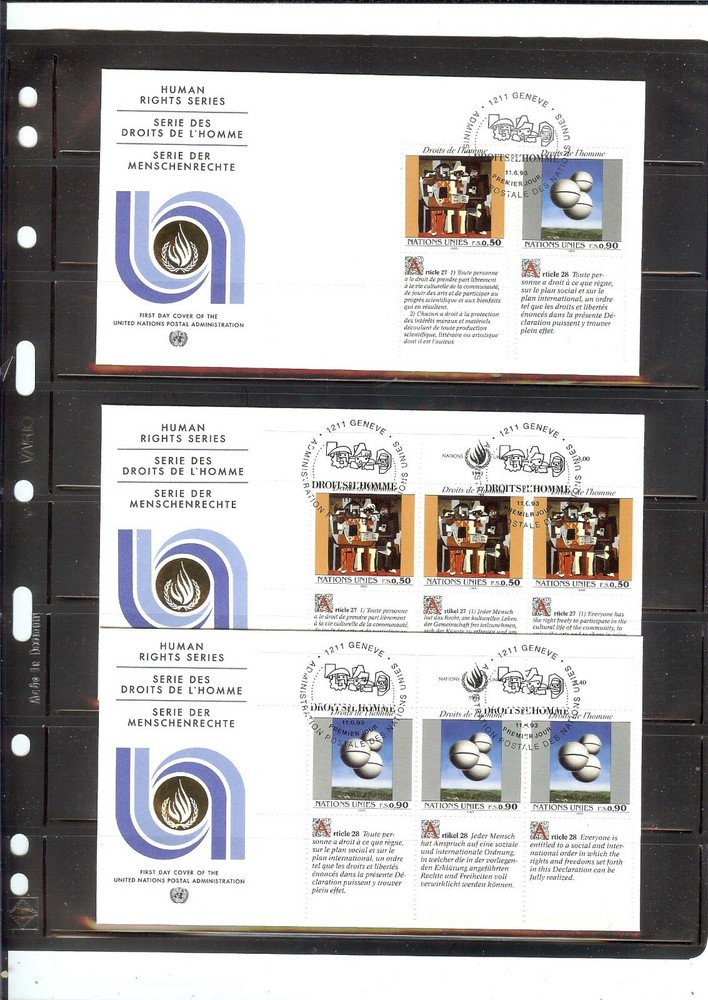 1993 Human Rights FDC's (Combo/MIB's/3) - Geneva Office - UNPA Cachet - (441)