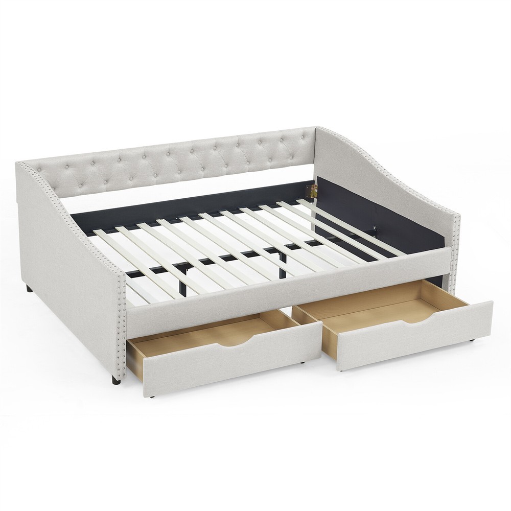Full Size Daybed Upholstered Bed Frame Sofa Bed w/ 2 Storage Drawers US