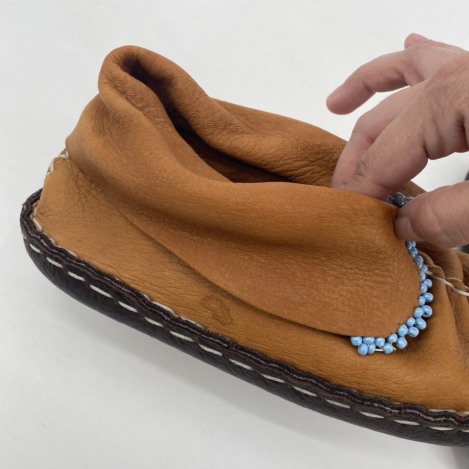 Brown Leather Handmade Center Seam Moccasins Native American Adult Beadwork