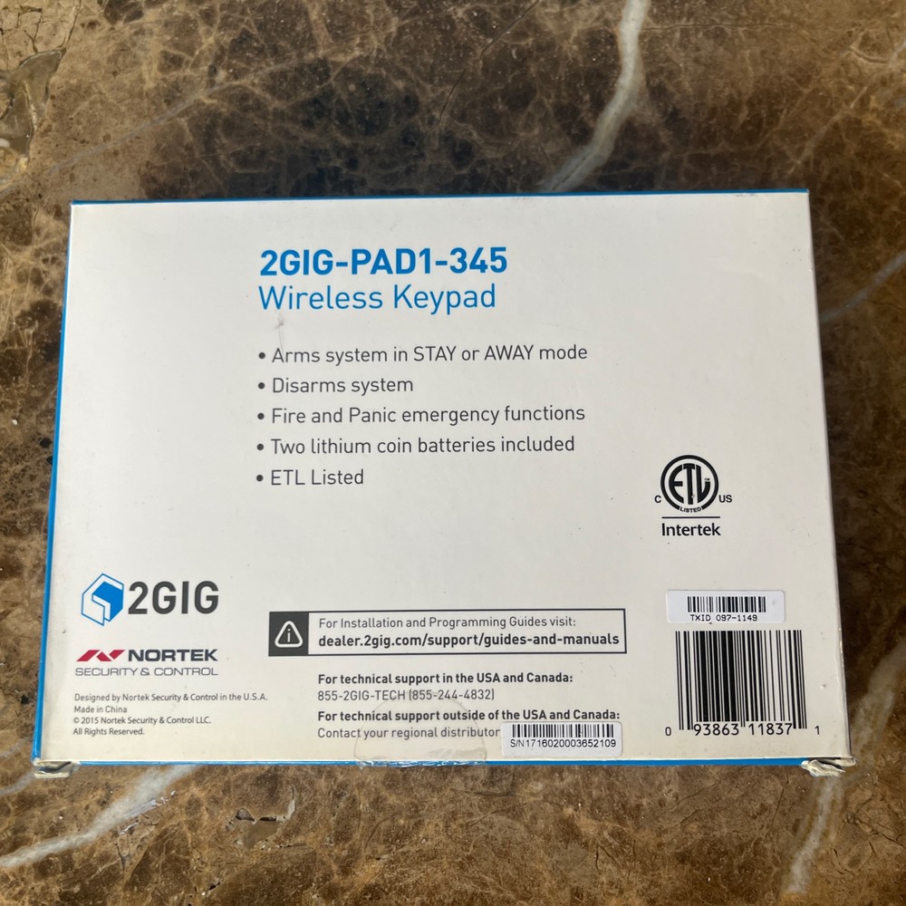 2gig Technologies 2gig-pad1-345 Wireless Keypad