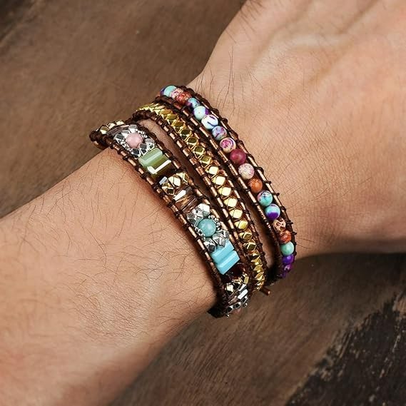 Natural Multilayer Jasper Copper 3 Strands Healing Braided Boho Wrap Bracelet