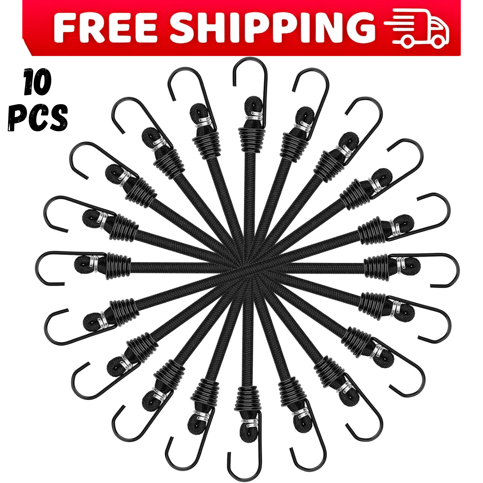 Small Bungee Cords with Hooks 6 inch Mini Black Bungee Cords, 10 Pcs