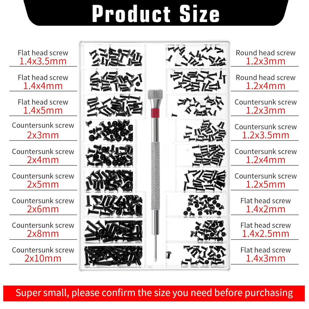500 Pcs Tiny Screws Tiny Micro Repair Screw Kit M1.2/M1.4/M2.0 Small Replacement