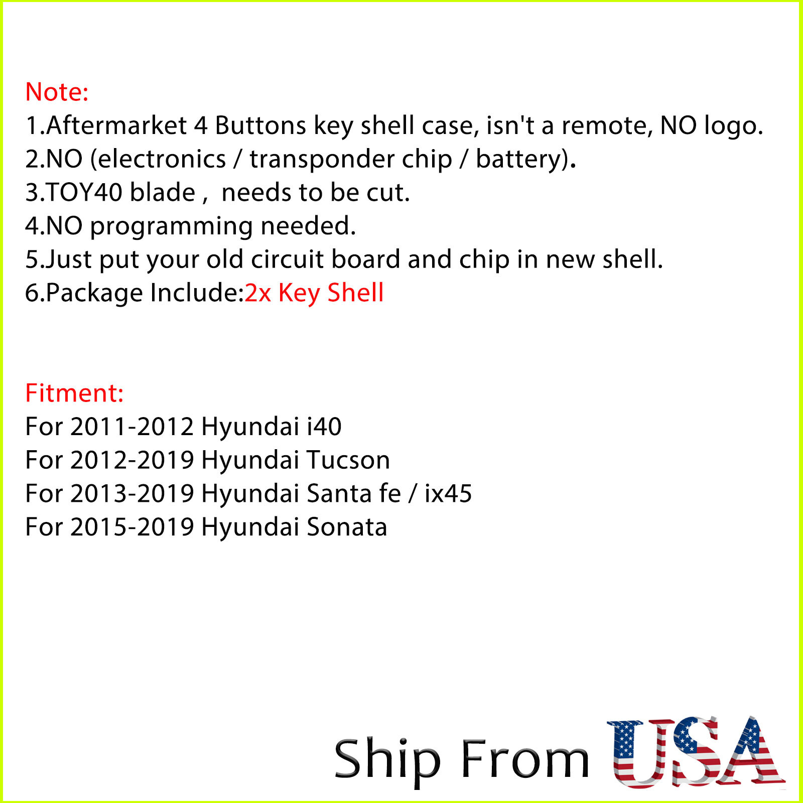 2 For 2013-2019 Hyundai Sonata Santa Fe Flip Remote Key Fob SHELL CASE 4 Button