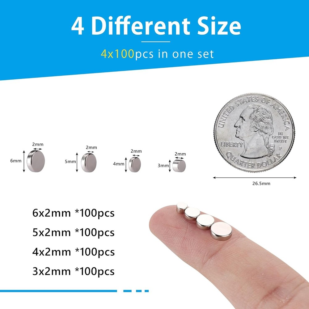 RHINOCATS 400Pcs Tiny Magnets, 4 Different Size,Small mixed 400 Packs, Silver