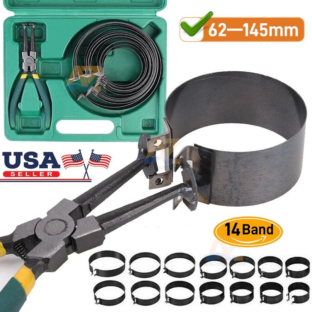 Motorcycle Piston Ring Compressor Cylinder Installer Tool Kit w/ Pliers &14 Band