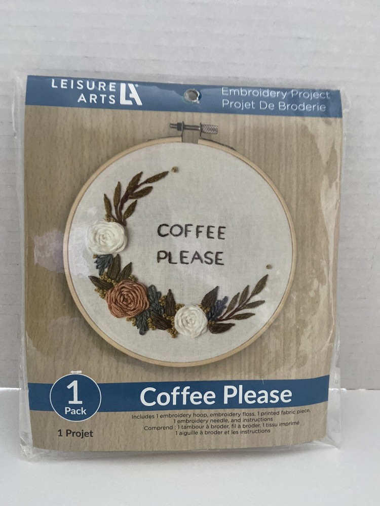 Leisure Arts Embroidery Kit Project Coffee Please Includes Everything Needed