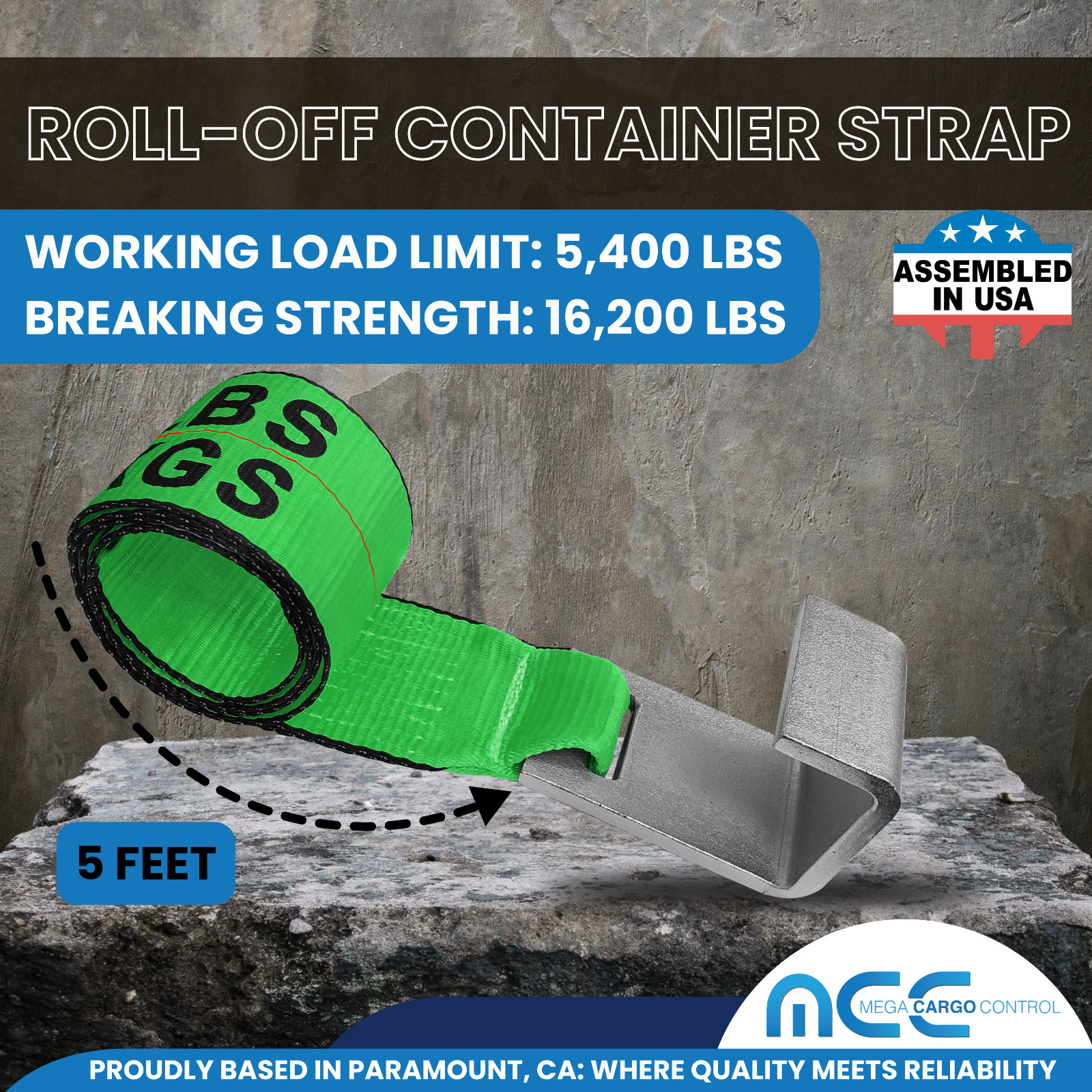 USA 2 Pack 4" x 5' Roll Off Container Winch Strap w/ Flat Hook 5400 LBS GREEN