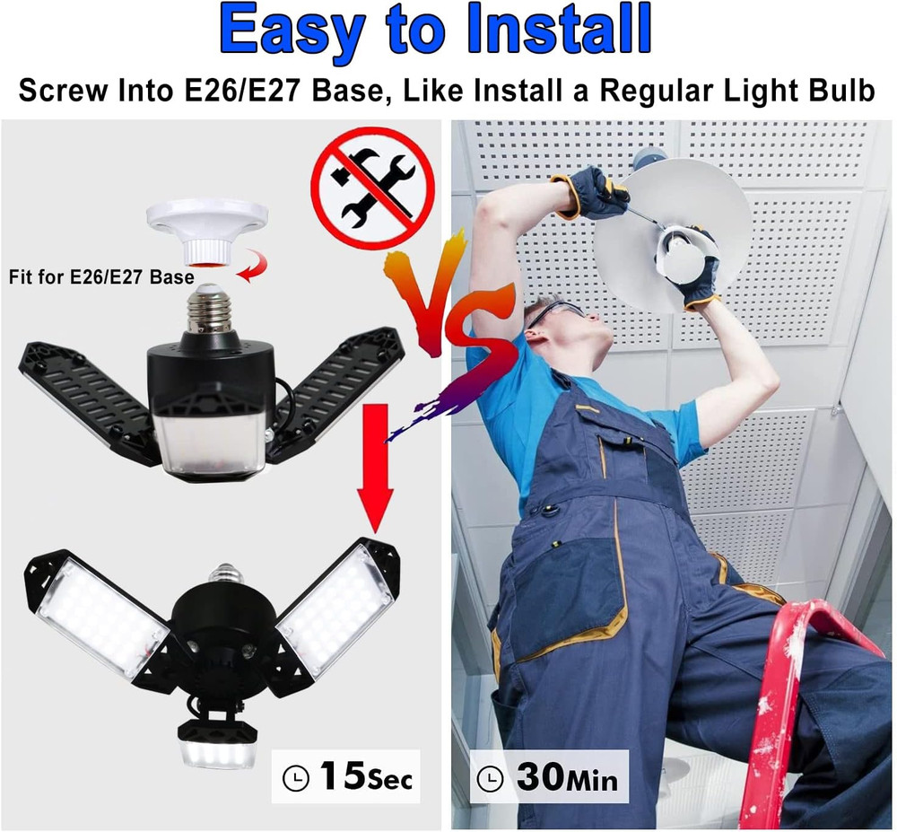 LED Garage Light, 80W 8000 Lumen Ceiling Lights with 3 Adjustable Panels, E26/E2