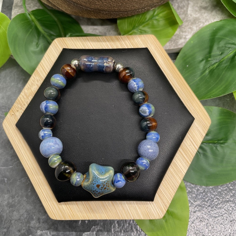 Handmade Ceramic Bead Beaded Stackable 6.5” Plus Stretch Bracelet New B22