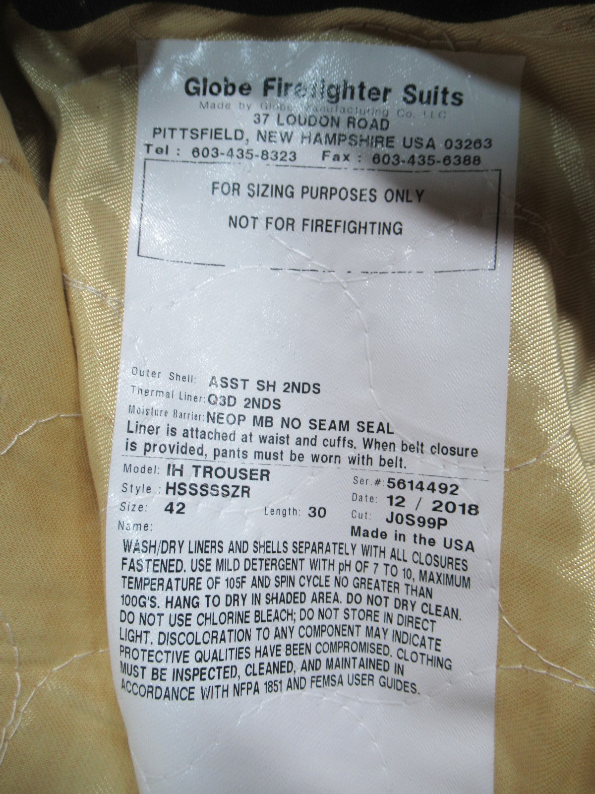 NOT FOR USE IN FIRE MFG 2018 GLOBE IH 42 x 30 Turnout Bunker Pants GEAR RESCUE