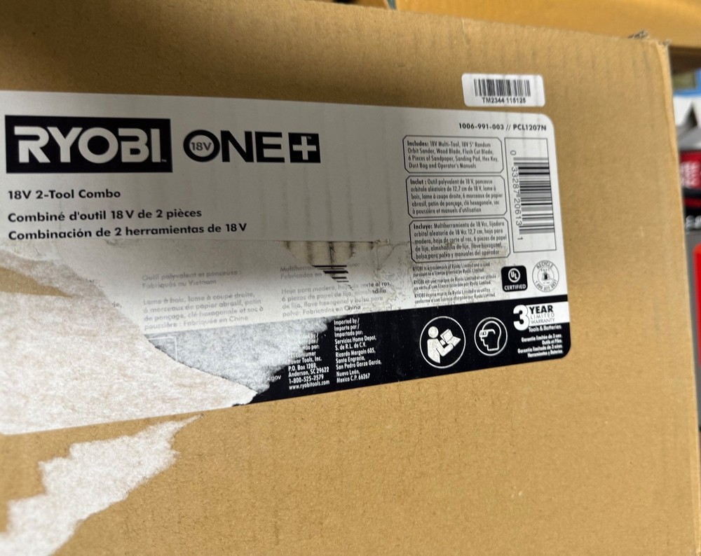RYOBI PCL1207NC ONE+18V CORDLESS 2-TOOL COMBO+MULTI-TOOL+5IN RANDOM ORBIT SANDER