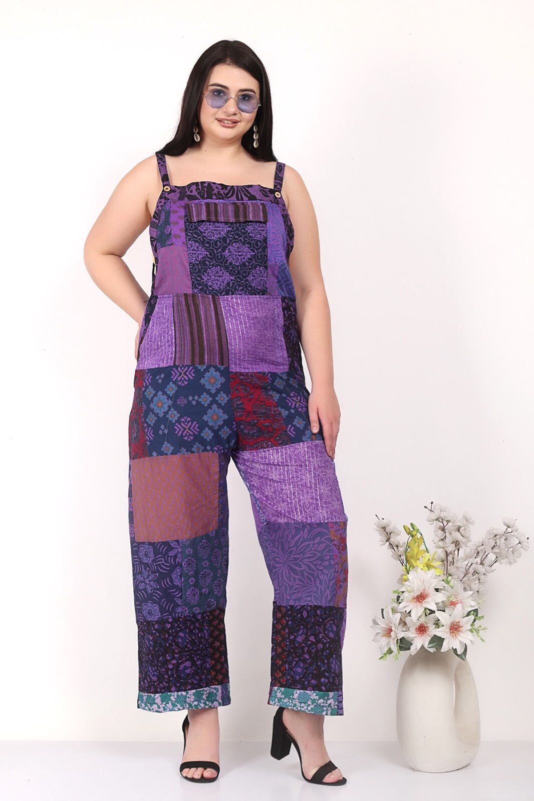 Women's Casual Patchwork Pocket Wide Leg Floral Print Rompers Jumpsuit Dress