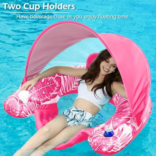 Pool Float with Canopy - Inflatable Pool Floaties Adult Floating Large Rose