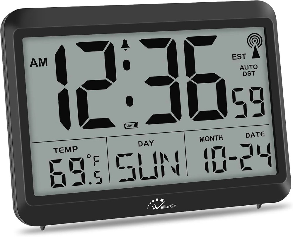 Atomic Digital Wall Clock Large Display Temp Date Day Silent 4 Zone DST