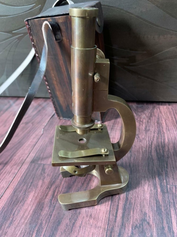 Antique Brass Microscope Student Microscope 7" Monocular Type With Leather Cover