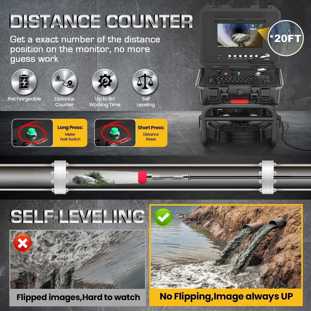 Sewer Camera Self Leveling, 7MM Thicker Pushrod, Keyboard, Distance Counter, ...