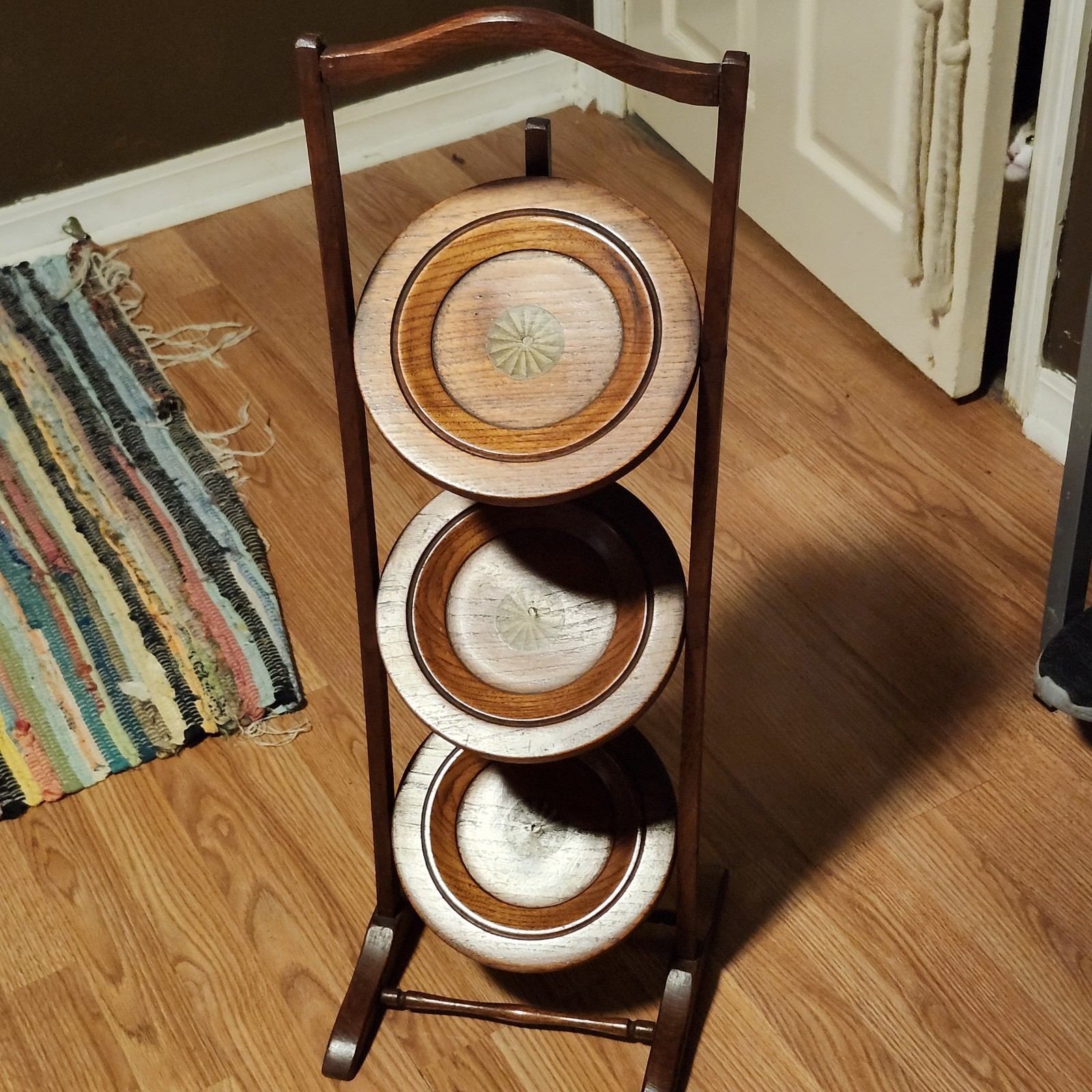 Antique Vintage Edwardian Wooden Inlaid Details Folding Cake Muffin Stand 32"