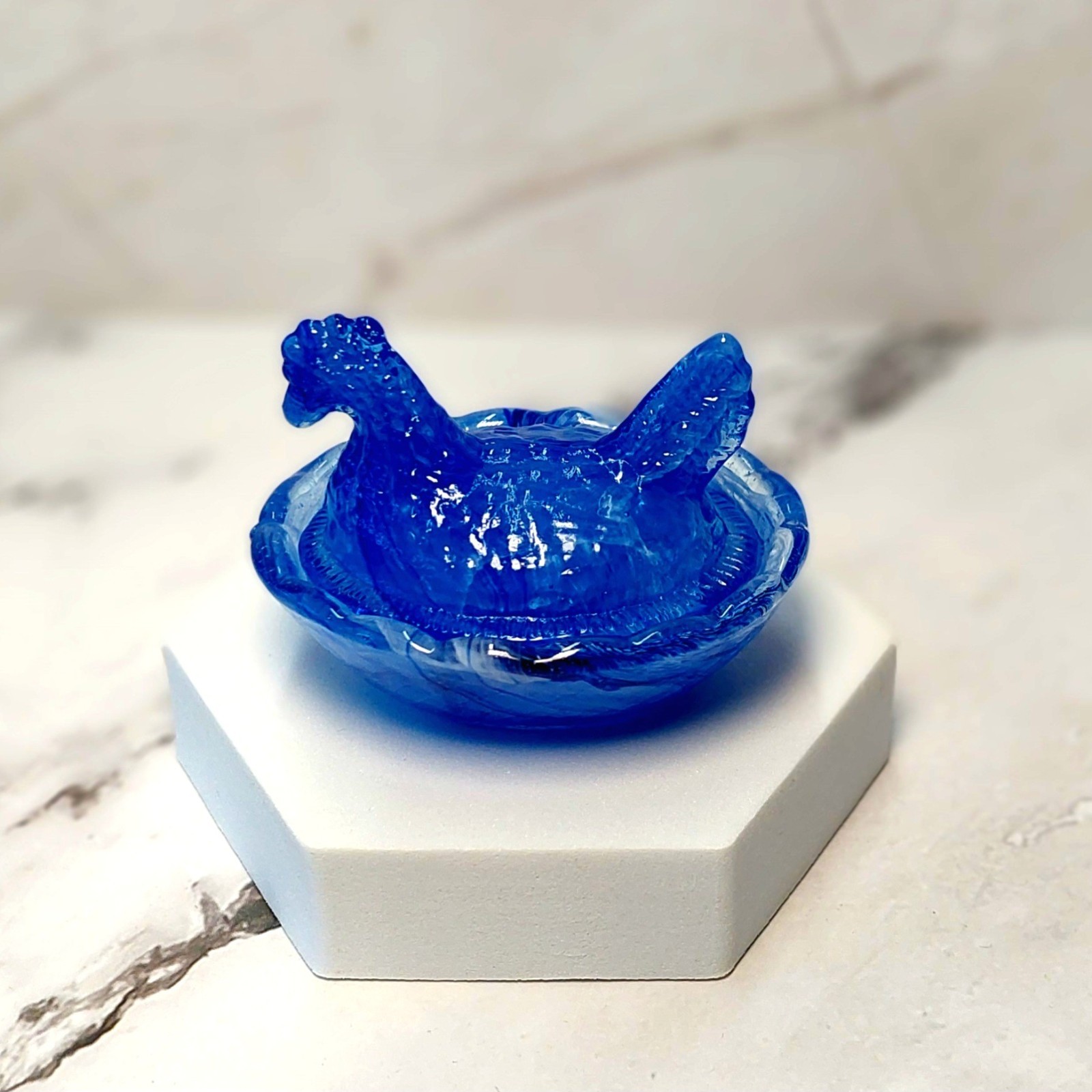 Blue Cream Swirl Hen on Nest Chicken Salt Dish, Depression Style Glass, Kitchen