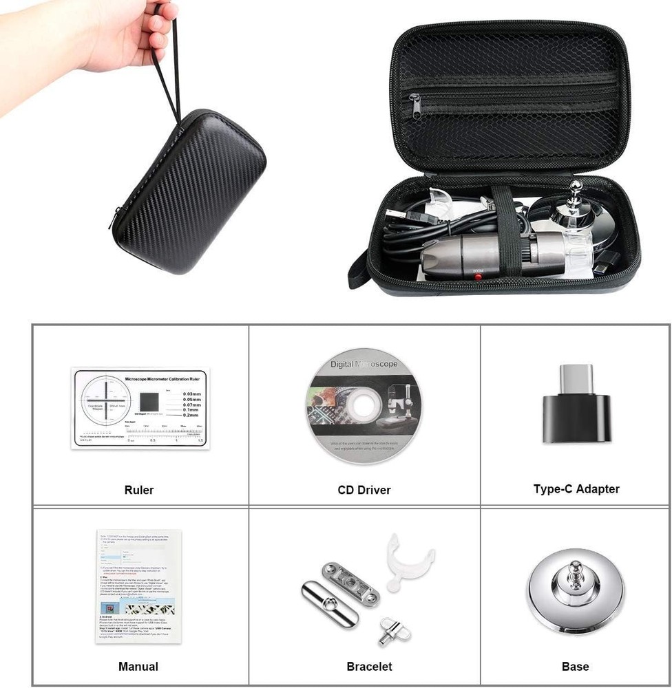 Compact USB Microscope with Stand & Carrying Case, Perfect for Student Use